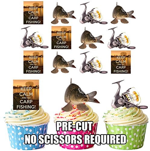 AK Giftshop PRE-CUT Keep Calm And Go Carp Fishing Mix - Edible Cupcake Toppers/Cake Decorations (Pack of 12)