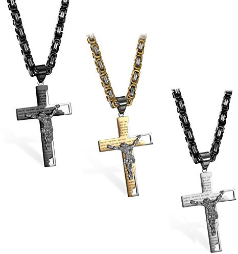 JewelryWe Schmuck 3pcs Edelstahl Kreuz Rood Jesus Kruzifix Bibel Gebet Englisch Anhänger mit 65cm Königskette Kette, Retro Halskette für Herren, Silber Gold Schwarz, mit kostenlos Gravur