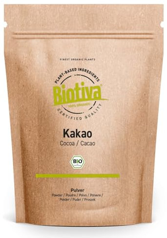 Cacao en poudre bio 1000g - 100% de poudre de cacao pur fortement dégraissé (11% de matières grasses) - Sans sucre - Sans additifs - Conditionné et contrôlé en Allemagne - Biotiva