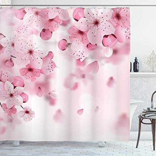 ABAKUHAUS japanisch Duschvorhang, Eastern Sakura Blumen, Stoffliches Gewebe Badezimmerdekorationsset mit Haken, 175 x 200 cm, Baby Pink Hellrosa