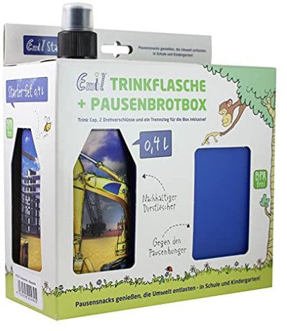 Emil Trinkflasche aus Glas inkl. Brotbox & Ersatzverschlüsse – Starterset zur Einschulung - BPA-frei & schadstofffrei, isolierend – Ziehverschluss für Wasser, Saft & Milch – Baustelle (0,4l)