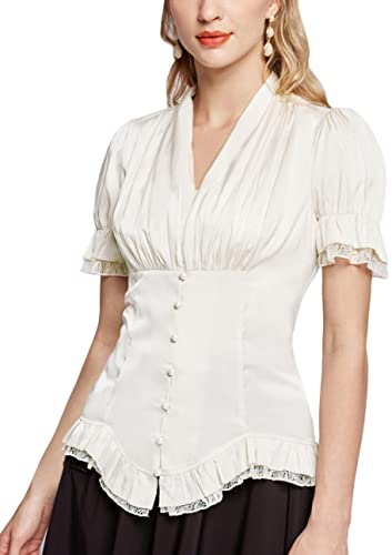 SCARLET DARKNESS Women's Shirt Tops Gothic Short Puff Sleeve V-Neck Slim Fit with Lace Vintage Victorian Blouse