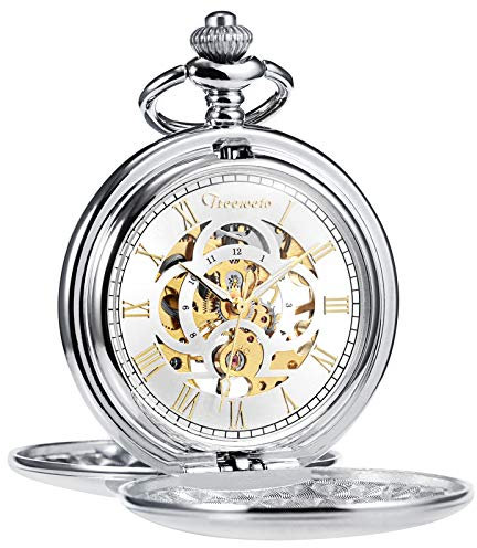 TREEWETO Taschenuhr Unisex Taschenuhr mit Kette Analog Mechanisch Handaufzug Doppelscharnier Antik Römische Silber