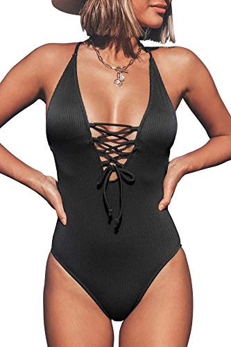 CUPSHE Costume da Bagno Intero da Donna con Scollo a V e Cravatta Senza Schienale, M