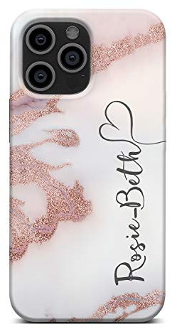 iCaseDesigner Personalised Marble Glitter Flowing Name with Heart Phone Case for Apple iPhone 11-11. White Marble with Faux Rose Gold Sparkle Vertical Name