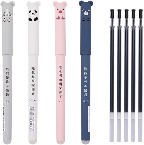 Gelschreiber Kugelschreiber 4 mit 5 Schwarze Nachfüllungen, Süße Schweine Panda Löschbare Gel Stift Schwarz 0,35 mm Tintenschreiber Für Studenten, Schreibwaren, Büro