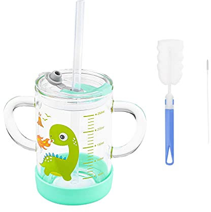 LONTG Tasse à Lait en Verre Tasse d'eau avec Paille Silicone Verre à Boire avec Double Poignée Échelle Gobelet de Couvercle Anti-fuite Mug avec Motif Dessiné 300ML 14 Ans et Plus