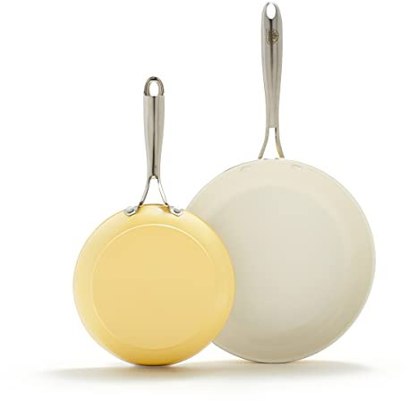 GreenLife Artisan - Juego de sartenes antiadherentes de cerámica saludable de 8 y 10 pulgadas, mango de acero inoxidable, sin PFAS, apto para lavavajillas, apto para horno, amarillo