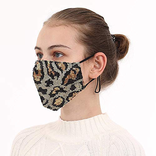 Yheakne Pailletten-Bling Anti-Staub-Mundschutz mit verstellbaren Ohrschlaufen, Umhängeband, Clip, für Damen, glitzernd, dekorativer Stoffbezug, waschbar, wiederverwendbar (Gold Leopard)