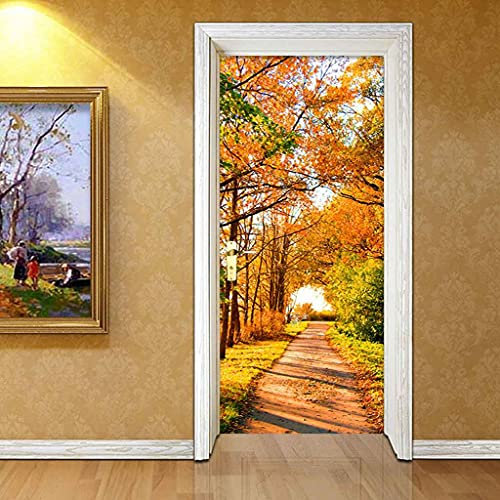 CBWRAW Stickers De Porte 3D Muraux Poster Trompe L'Oeil Intérieure Salon Cuisine Chambre Salle De Bain Paysage De Forêt Dorée Imperméablen Amovible Papier Peint Autocollants Decoration 77x200cm