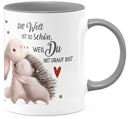 MIKALINO Keramik Tasse Die Welt ist so schön, weil Du mit drauf bist Hase und Igel | Kaffee Becher Kaffeetasse Geschenk, Farbe:grau, Grösse:330ml