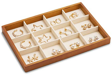 Oirlv 12 Compartment Wooden Jewellery Tray Stackable Jewellery Storage Tray with Beige Velvet Lining
