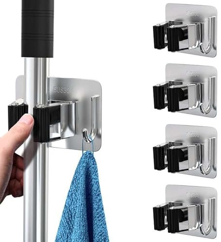 homeasy Mop Broom Holder, 4 Pcs Stainless Steel Self Adhesive Mop Holder Wall Mounted with Hooks Hanger Self-Adhesive Broom Holder (Siver Mix)
