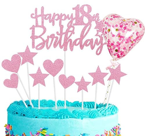 11pcs Pink Happy 18th Birthday Cake Toppers,Personalised Cake Topper for Boy&Girl,18th Birthday Cake Decorations Glitter Cupcake Toppers Cake Toppers Kits 5 Star 4 Heart with Balloon