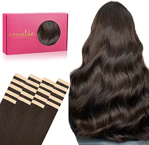 WENNALIFE Tape Extensions Echthaar, 20pcs 50g 40cm 16 Zoll Helles Dunkel Braun Remy Invisible Tape Extensions Seidig Gerade Echthaar Extensions Skin Weft Tape Ins