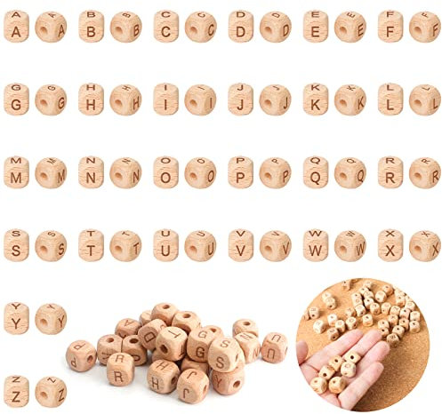 Holz Buchstabenperlen, 52 Stück 12mm Holzperlen mit A-Z Buchstaben, Würfel Buchstabenperlen zum Auffädeln, Mini Holzperlen Bastelperlen für Handwerk DIY Armband Schmuck