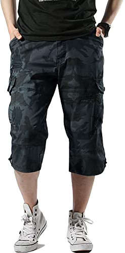 Misfuso Short Bermuda Homme Cargo avec Ceinture Taille Élastique Camo L