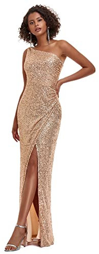 Ever-Pretty Women's Strapless One Shoulder Bodycon Floor Length Sequins Prom Evening Dresses with Side Slit Rose Gold 8UK