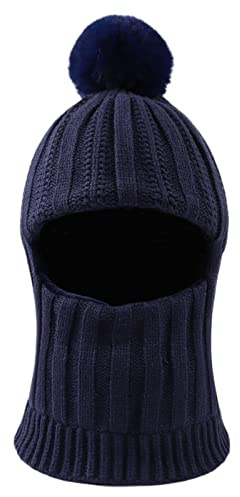 XIAOHAWANG Bebé de Punto Dinosaurio Invierno Balaclava Gorro Pompón Niño Niña Niño Sombrero Bufanda con Orejas Nieve Calentador Cuello 1 a 10 Años (Azul Marino, 3 a 10 años)
