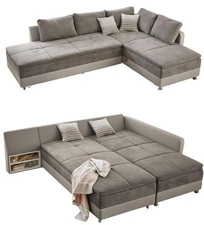 Federkern Ecksofa 306x223 cm Dauerschläfer, Doppelbett Schlaffunktion, Kaltschaum-Topper, Bettkasten, Regal, Schwenkteil LINKS, Mikrofaser-Bezug Grau Braun, Korpus Kunstleder Beige / 15101