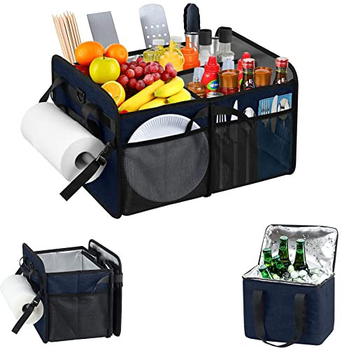 WOMACO Grill-Caddy mit Kühltasche und Papierhandtuchhalter, Picknick-Organizer für Utensilien, Teller, Gewürze, Grill-Caddy für Outdoor, Camper, Reisen, Auto, Wohnmobil, Must Haves (Dunkelblau)