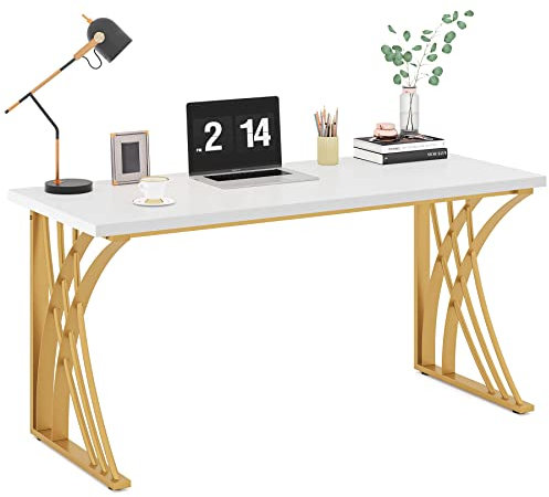 Tribesigns 55’’ Large Modern Computer Desk, White & Gold Luxury Laptop PC Student Table, Makeup Vanity Table with Thick Frame & Strong Legs, Sturdy Writing Workstation for Home & Office