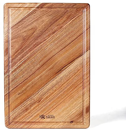 MITSUMOTO SAKARI Planche à Découper en Bois d'Acacia 42 x 28.5 x 2.3cm - Professionnelle, Naturelle et Durable Avec Cavité Anti-Enversement