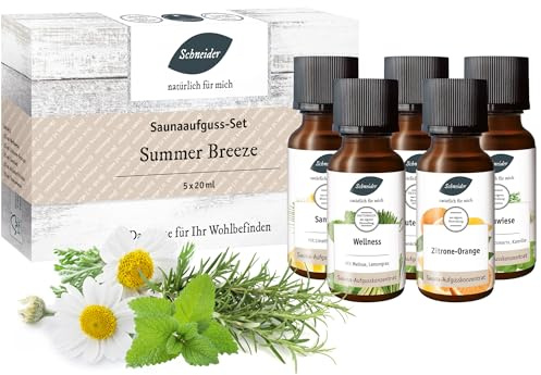 Saunabedarf Schneider - Aufgussset Summer Breeze 5 x 20 ml Inhalt - fruchtig-exotischer Saunaaufguss - wohltuender Mix