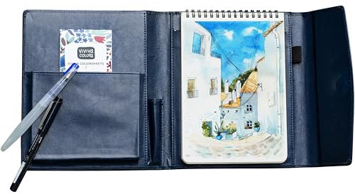 Viviva VV276054 Watercolour Travel Set A5, Faux Leather - Case with 16 Vibrant Watercolour Paints, Water Tank Brush, Black Marker in 0.5 mm and Sketchbook with 24 Sheets of 200 g/m² in Size - A5