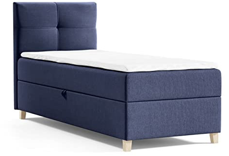 Boxspringbett Candy Mini mit Bettkasten und Topper - Jugendbett, Kinderbett, Einzelbett mit Bonell-Matratze und Topper, Bett mit Holzfüße (Blau (Soro 76), 100 x 200 cm)