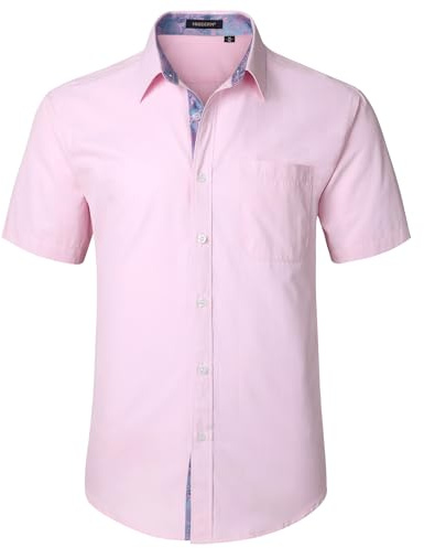 HISDERN Men's Short Sleeve Pink Shirts Formal Casual Regular Fit Dress Shirt Button Down Business Office Shirts with Chest Pocket,S