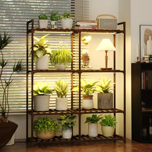 Bamworld 4 Tier Wood Plant Stand with Grow Lights - Large Flower Stand for Multiple Plants - Suitable for Patio, Living Room, Balcony