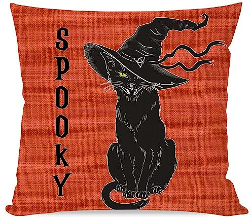 PANDICORN Orangefarbener Halloween-Kissenbezug, 45,7 x 45,7 cm, schwarze Katze, gruseliges Halloween-Kissen, dekorative Wurfkissenbezüge, Herbst-Kissenbezüge, Dekorationen, Outdoor,
