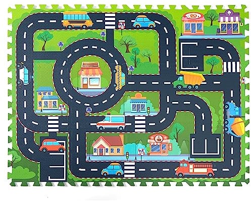PLAY 10 Foam Play Mat for Baby, Interlocking Foam Tiles, City Road Track Puzzle Mat 12 Pieces