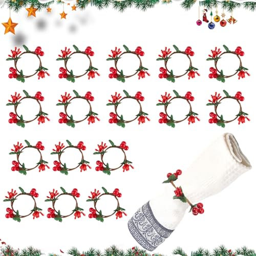 GZGXKJ Weihnachten Serviettenringe 16 Stück Weihnachten Serviettenringe Set Rote Beeren Serviettenhalter Geeignet für Weihnachtsfeier, Thanksgiving, Neujahrstischdekoration