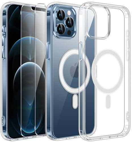 Phoona für iPhone 12 Pro Max Hülle,Kompatibel mit MagSafe,Mit 2 Stück Panzer Schutz Glas,Transparente Magnetische Hülle für iPhone 12 Pro Max,Weiche TPU,Vergilbungs und Kratzfest