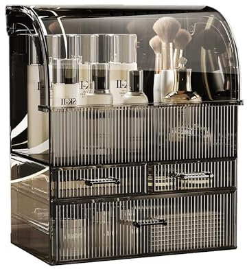 SIOOUI Acrylic Cosmetic Storage Organizer, High Capacity Cosmetics Storage Display Case with Drawers, Perfume Makeup Organizer Box with Water Proof Cover for Bedroom Vanity Desk, Bathroom(Black-XL)