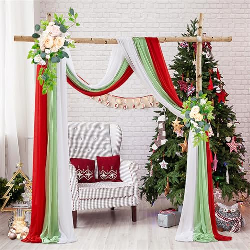 Lukery 3 Stücke Hochzeit Vorhang Hochzeitsbogen, Querbehang Gardine Freihanddeko Himmelbett Vorhänge Stoff Tüll Transparent Voile Dekoration für Party Hochzeit Geburtstag Taufe (75x550cm,Weihnachten)