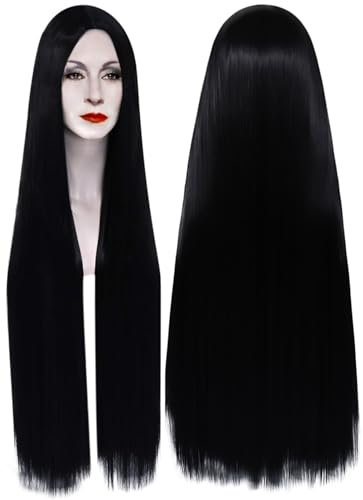 Perücke Damen 100cm Extra Lang Perücke Schwarz for Kostüm Perücke Natürliche Perücke Schwarz Lang für Halloween Fasching Karneval DE101BK