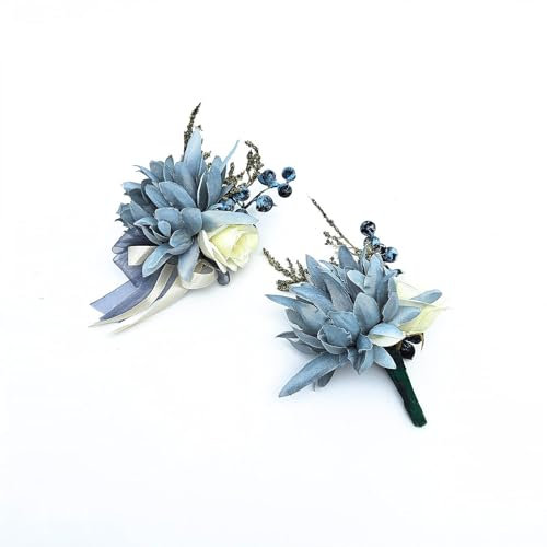 Vsosfiza 1 Satz Boutonniere Und Handgelenk Blume für Braut&Bräutigam,Künstliche Ansteckblume und Seidenarmband für Hochzeit,Jubiläumsdaten Party.(HazeBlau)