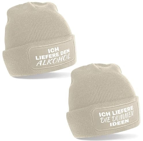 2er Set Beanie Strickmütze mit Spruch | Ich liefere den Alkohol und ich die dummen Ideen | creme | Unisex SoftTouch angenehm weiche und warme Wintermütze | OneSize Einheitsgröße für Erwachsene