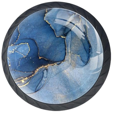 Lot de 4 boutons de tiroir ronds en marbre cyan bleu avec taches dorées pour armoire, tiroir, chambre à coucher, salle de bain