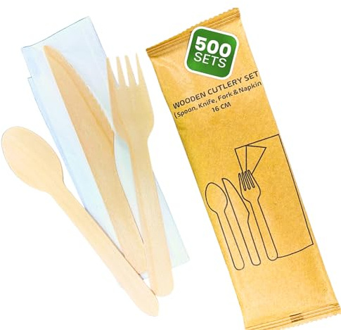 DISPOSABLE GREEN® | Individual Wrapped Wooden Compostable Cutlery Set, Each Set Includes 16cm Long Fork, Knife, Spoon and a Napkin- 500 Sets