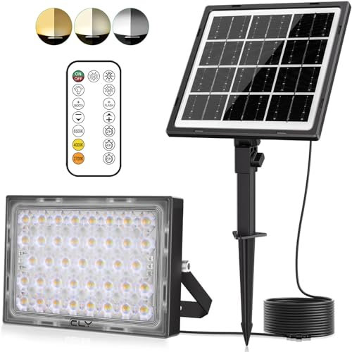 CLY Solar Strahler Außen mit Fernbedienung 30W 2600LM Solarstrahler 2700K 4000K 6000K 2 Helligkeit Solarlampen für Außen 2 Dynamische Modi Timing-Funktion 5000mAh Solar Aussenleuchte IP66 Wasserdicht