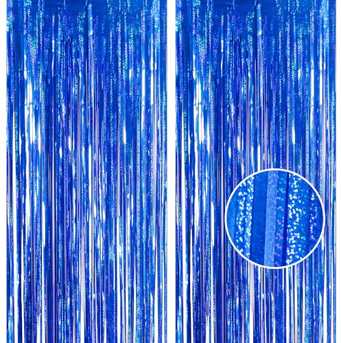 2pcs 3.2 x 8.3ft Glitter Blue Tinsel Curtain Foil Fringe Curtain Backdrop Party Streamers Curtain Photo Backdrop Decorations for Birthday School Graduation Boys Party Decorations Blue