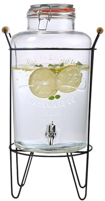Crystals 8L Glass Water Dispenser with Tap – Wide Mouth Drink Dispenser with Metal Wire Handle and Stand – Leak Proof Glass Juice Dispenser with Tap for Beverage, Cocktail and Drinks