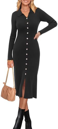 Newshows Jumper Dress for Women UK V Neck Black Bodycon Dress Split Knitted Dress Elegant Button Sweater Dress