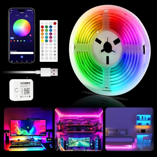 TTWAY USB COB RGB LED Strip 2M, 5V LED Flexible Lights, 8mm Width, Music Sync, App Control, Bluetooth LED Tape Lights Color Changing, Timer Setting, LED Strip for Home, Bedroom, TV, Kitchen.