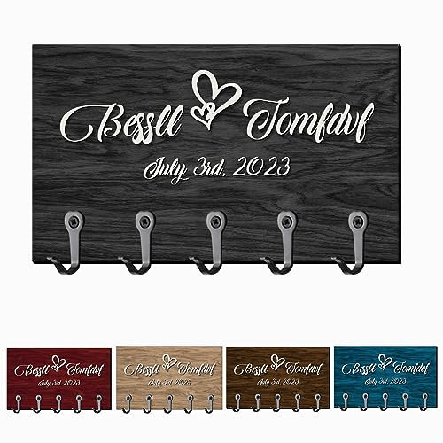 Porte-clés mural personnalisé pour couple - Cadeau de mariage - Porte-clés en bois - Nom personnalisé - Porte-clés Mr Mrs - Cadeau de pendaison de crémaillère - Cadeau pour jeunes mariés, amis,