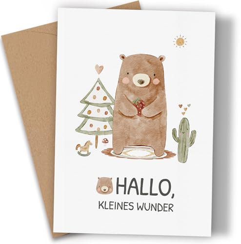 Karte zur Geburt - Premium Geburtskarte Mädchen & Junge - schöne Baby Karte mit Umschlag aus Kraftpapier - Glückwunschkarte Geburt Hallo kleines Wunder Bären muster Karten zur Geburt Klappkarte (A6)